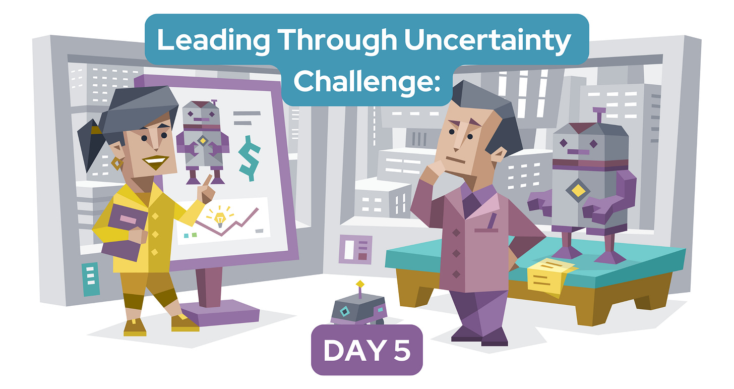 A woman presents designs for a robot on a large screen, while a man stands nearby beside a prototype of the robot, deep in thought. Text reads: Leading Through Uncertainty Challenge: Day 5.
