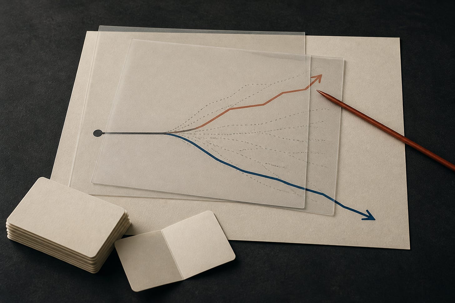 A chart with branching arrows, a pencil, blank cards, paper, and articles arranged together.