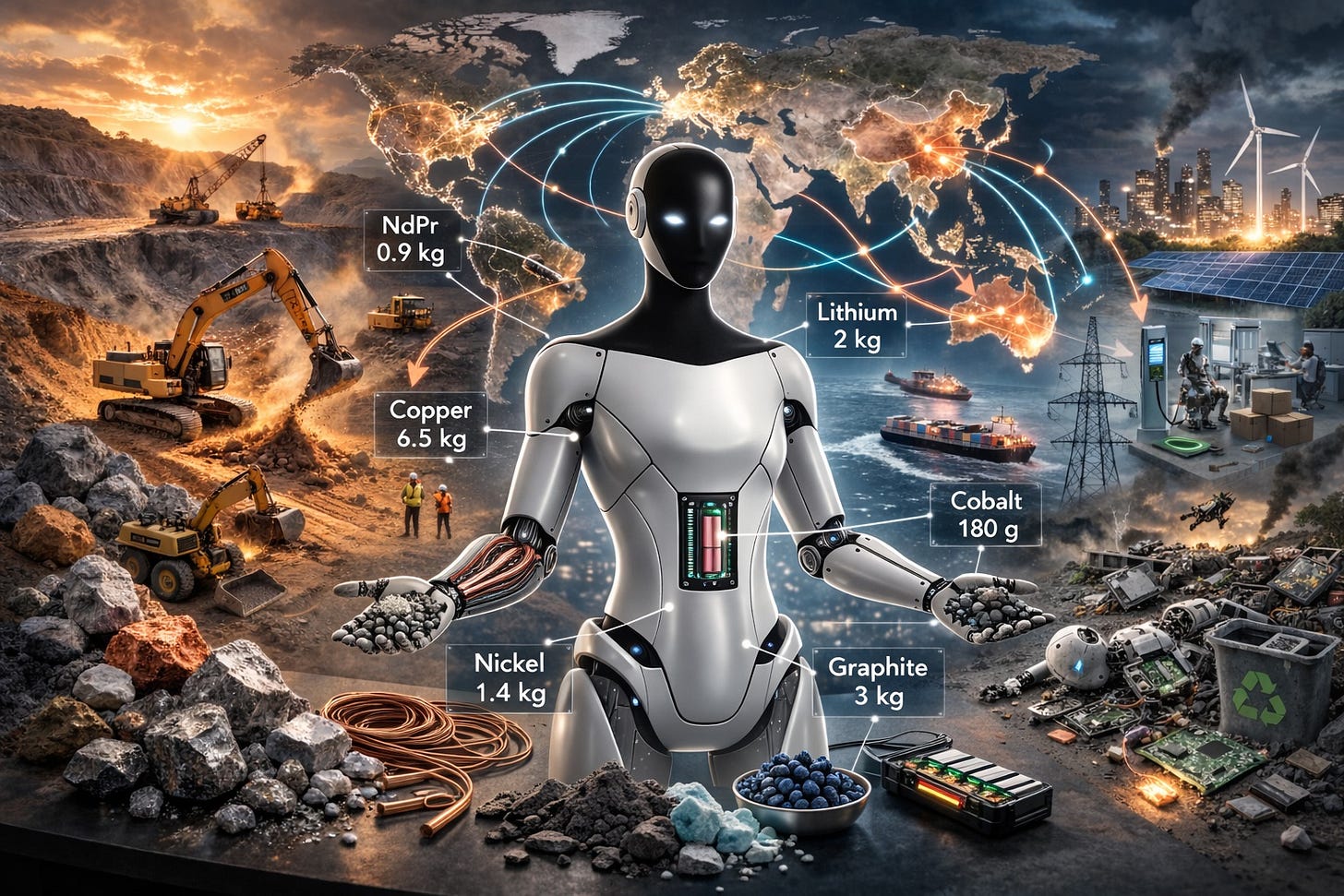 AI-generated image of a humanoid robot standing among piles of mined mineral ores.