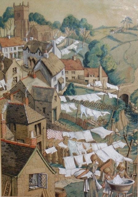 This may contain: this is a painting on the wall of a village