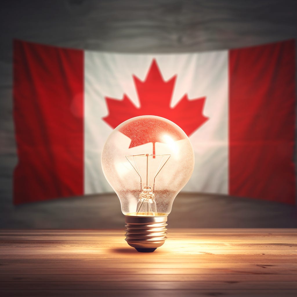 A lightbulb covered in dust, unlit, in front of a Canadian flag