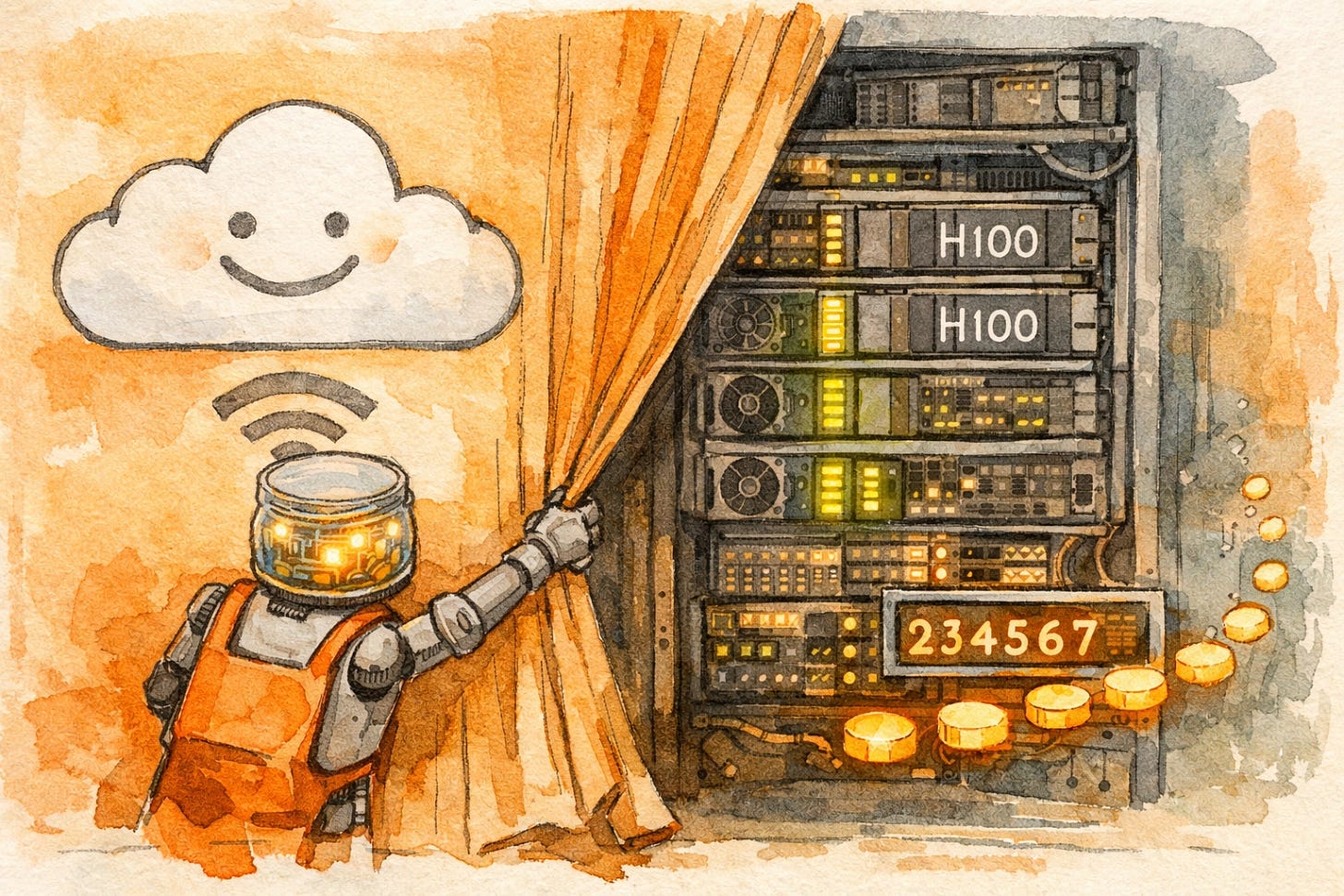 Hidden AI compute infrastructure — H100 GPU server rack behind the free-feeling browser tab, showing real energy and cost of Claude token usage Hidden AI compute infrastructure — H100 GPU server rack behind the free-feeling browser tab, showing real energy and cost of Claude token usage