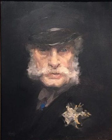 A classic oil portrait of an older white man with white sideburns and mustache, wearing a black cap and coat with a flower on the suit. The tone is serious. He is looking straight ahead and he has a serious expression on his face, and a white shirt and blue tie peeking out from the jacket he's wearing. A classic oil portrait of an older white man with white sideburns and mustache, wearing a black cap and coat with a flower on the suit. The tone is serious. He is looking straight ahead and he has a serious expression on his face, and a white shirt and blue tie peeking out from the jacket he's wearing.