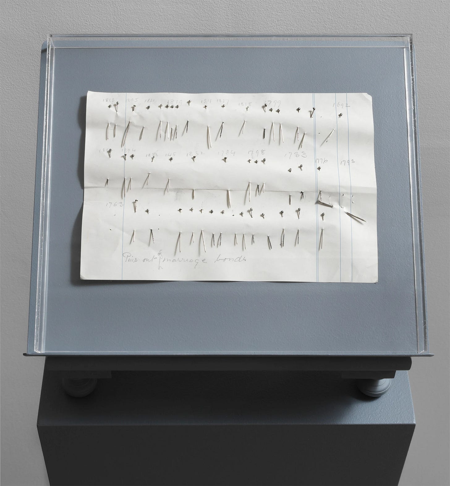 Barbara Bloom, Austen’s Pins, (digitally printed and pencil marked page with pins, acrylic glass display, wooden pedestal), 2020, Edition of 2 [Capitain Petzel, Berlin. © Barbara Bloom]