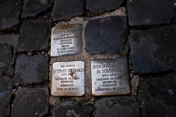 Bronze plaques on the cobblestone streets of Rome’s former Jewish ghetto bearing the names and dates of the deportation of some of the city’s Jews during World War II. Bronze plaques on the cobblestone streets of Rome’s former Jewish ghetto bearing the names and dates of the deportation of some of the city’s Jews during World War II.