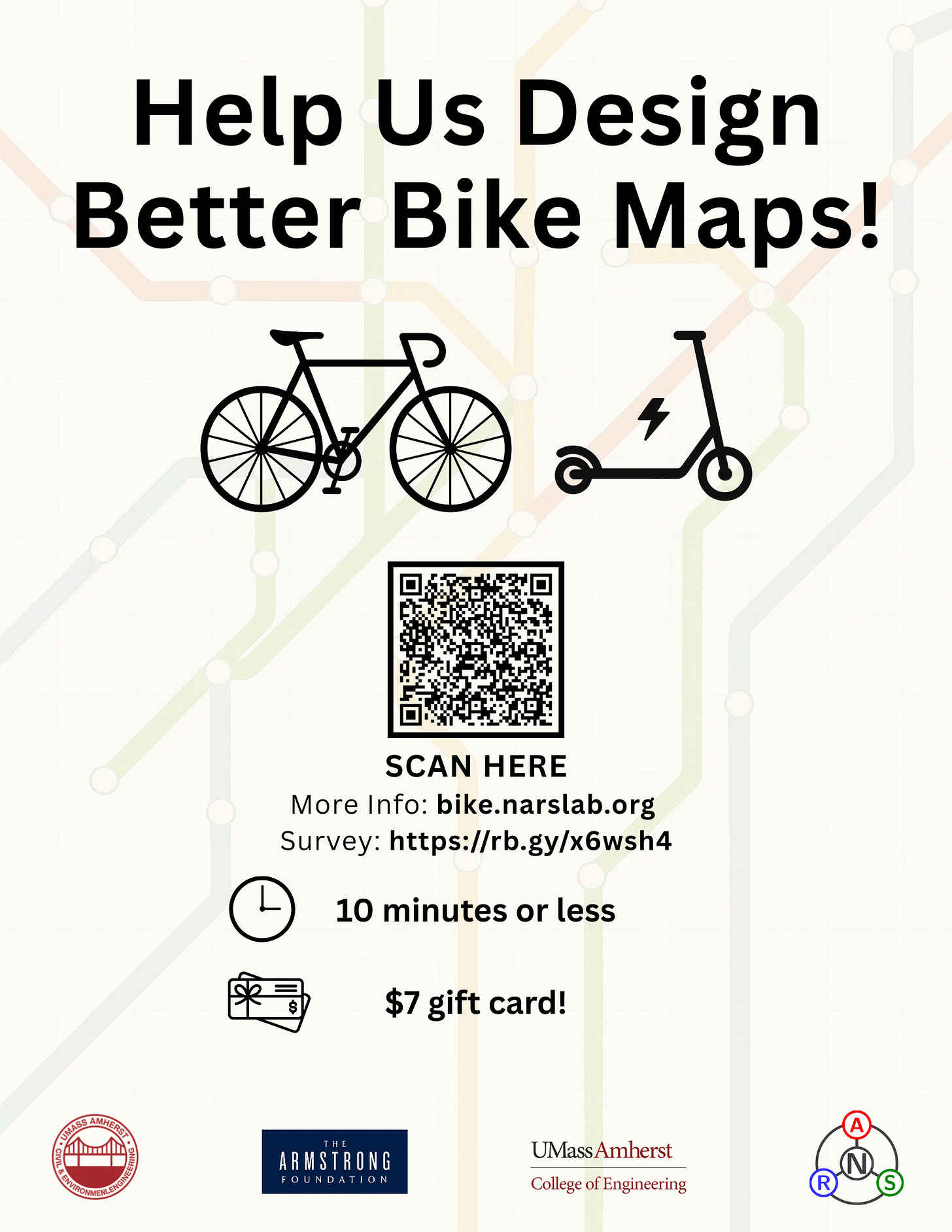Flyer reads "Help Us Design Better Bike Maps!" The QR code is in the center of the flyer halfway down the page.