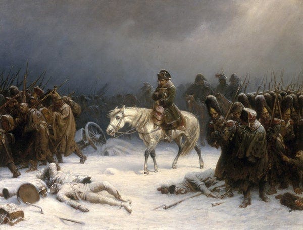 A man on white horse trudges on a snowy field amid brown robed downcast soldiers. A man on white horse trudges on a snowy field amid brown robed downcast soldiers.
