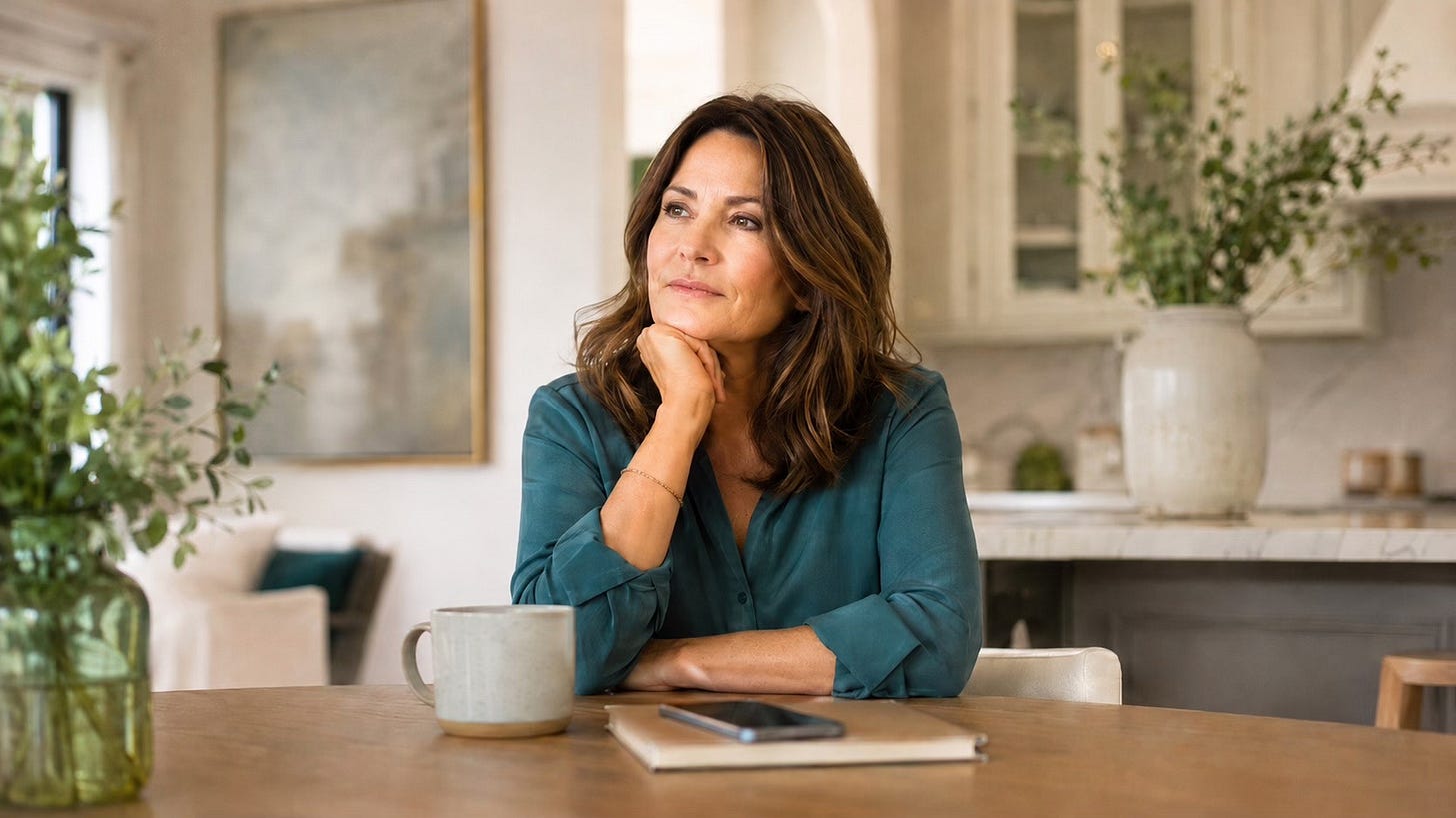 Woman seated at a softly lit kitchen table with tea and a notebook, pausing reflectively before responding.