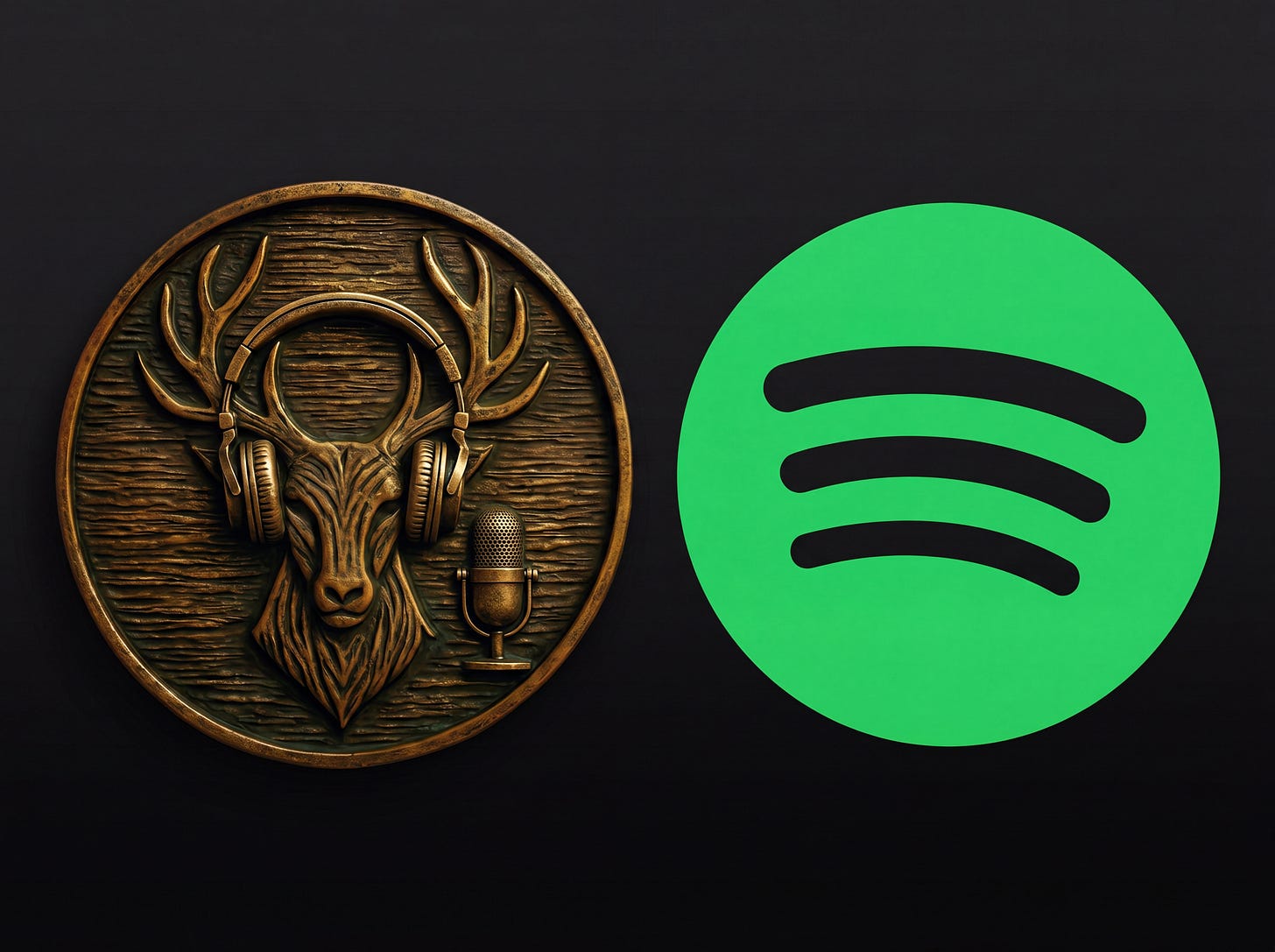 A promotional image for The Blackmere Podcast featuring a bronze medallion with a stag wearing headphones next to a vintage microphone, positioned alongside the green Spotify logo to announce the historical horror podcast is now streaming.