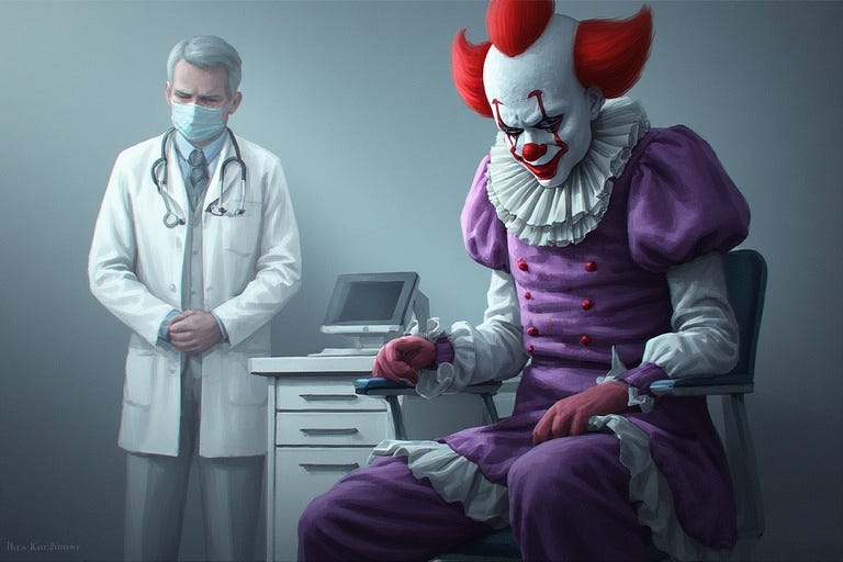 Very tall clown in chair near standing doctor in white coat with face mask and stethoscope round his neck.