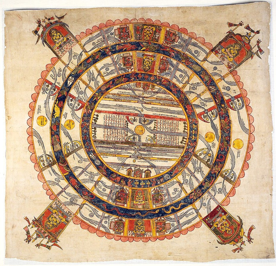A circular 17th-century Jain cosmographic painting (Adhai-Dvipa Pata) on cloth. At the absolute center is a small disc representing the continent of Jambu, with Mount Meru at its core, surrounded by alternating concentric bands of dark blue oceans and buff-colored continents patterned with intricate rivers and land features. The large cosmic circle is framed by a square border, with the four outer corners decorated with scenes of temples, holy sages (Tirthankaras), flowing rivers, and small human figures against a solid background.