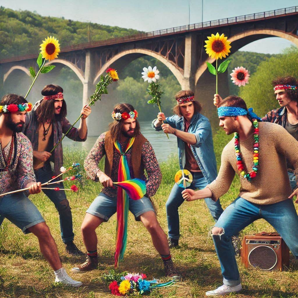 hippies fighting a battle using flowers and beads as weapons