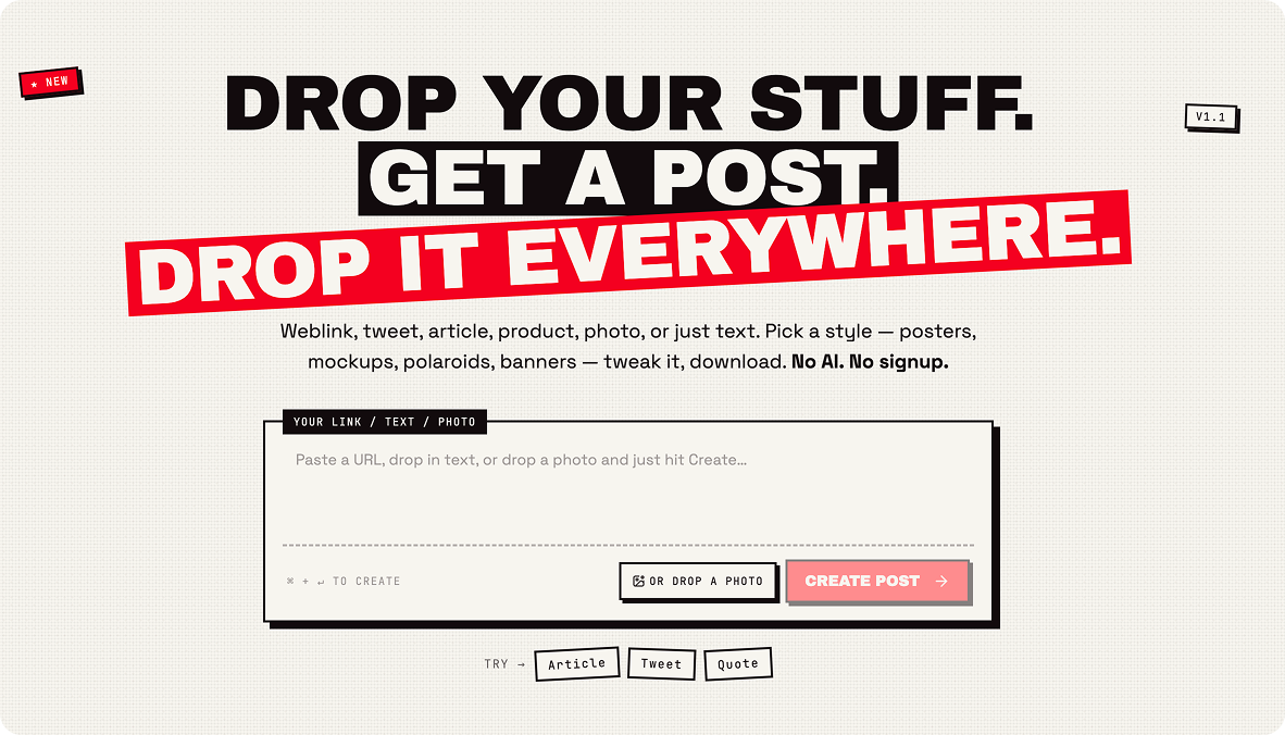 drop-kit.com landing page hero pitching a no-signup tool that turns any link, text, or photo into styled posters, mockups, and polaroids to share everywhere.