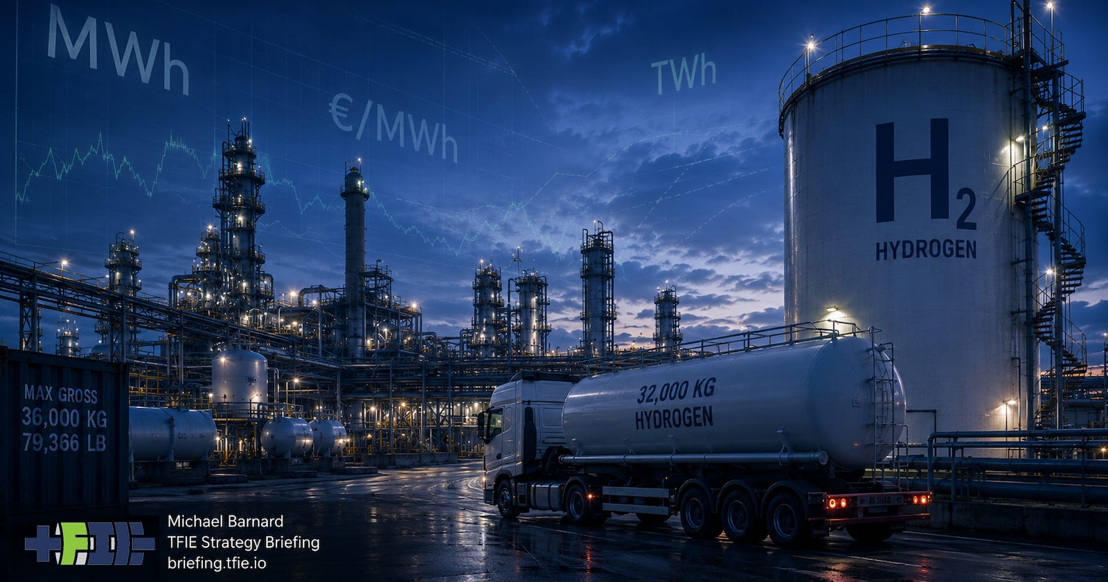 Hero graphic showing a large industrial hydrogen facility at blue hour, with storage tanks, pipework and heavy industrial infrastructure indicating a real bulk commodity market. Over the scene floats a translucent abstract overlay of MWh- and €/MWh-style energy-market notation, suggesting an electricity-market lens being imposed on an industrial hydrogen business. Lower left contains the TFIE logo and attribution block for Michael Barnard, TFIE Strategy Briefing, briefing.tfie.io. Hero graphic showing a large industrial hydrogen facility at blue hour, with storage tanks, pipework and heavy industrial infrastructure indicating a real bulk commodity market. Over the scene floats a translucent abstract overlay of MWh- and €/MWh-style energy-market notation, suggesting an electricity-market lens being imposed on an industrial hydrogen business. Lower left contains the TFIE logo and attribution block for Michael Barnard, TFIE Strategy Briefing, briefing.tfie.io.