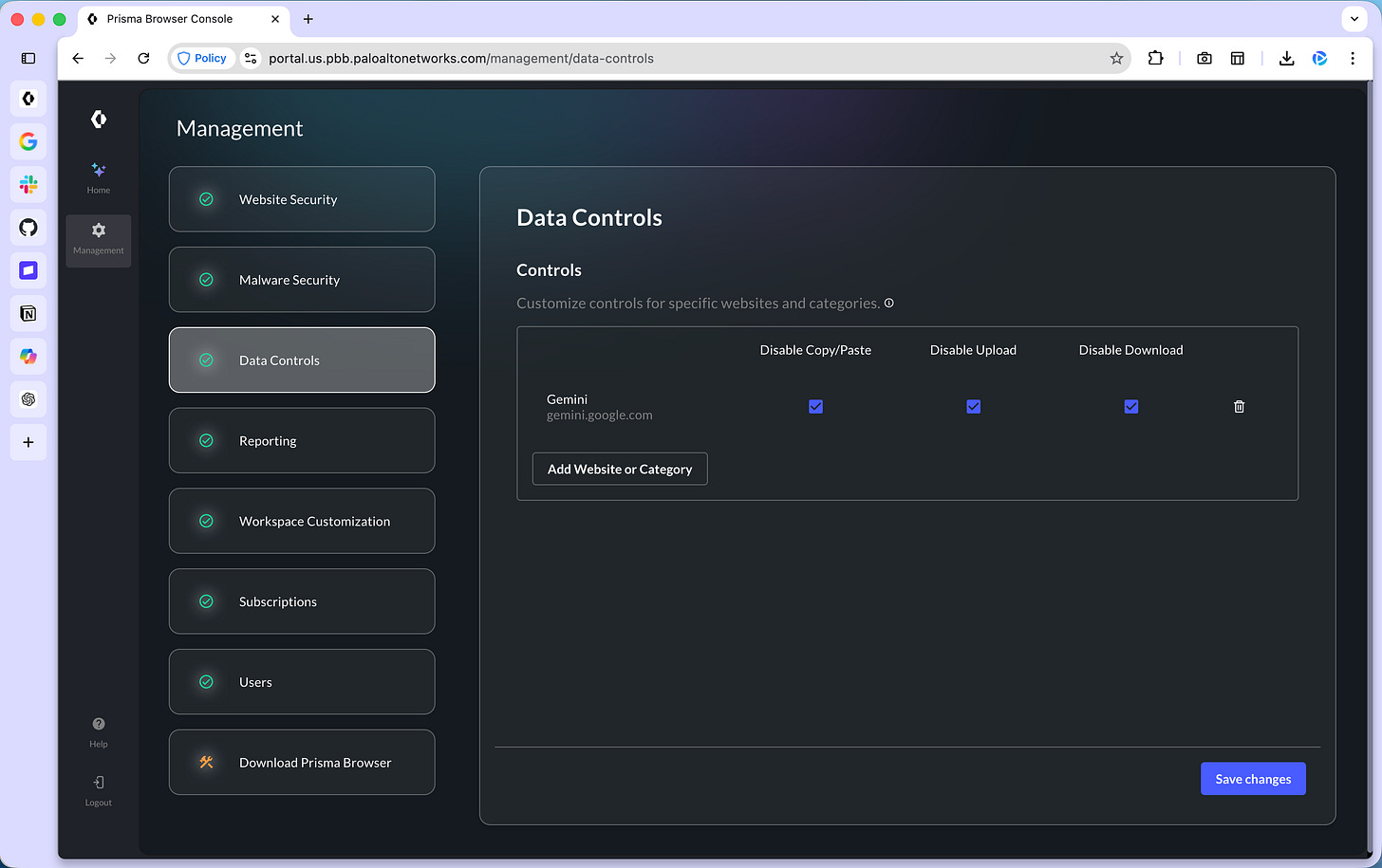 Prisma Browser management dashboard showing Data Controls settings, with options to disable copy/paste, uploads, and downloads for specific websites like Gemini. Prisma Browser management dashboard showing Data Controls settings, with options to disable copy/paste, uploads, and downloads for specific websites like Gemini.