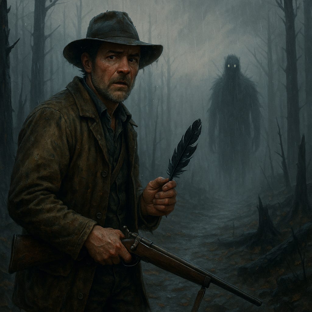 "The feather felt warm in his hand—wrong, alive. Behind him, something stepped out of the mist with eyes like coA rugged man in a worn leather coat and wide-brimmed hat stands in a burned, fog-filled forest, holding a black feather in one hand and a rifle in the other. In the mist behind him, a tall, shadowy figure with glowing white eyes looms, barely visible through the rain.ld fire."