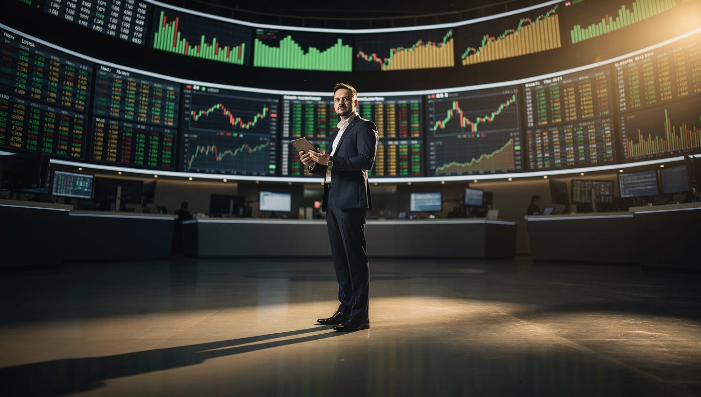 Cinematic wide-angle editorial photograph, a lone trader standing in the middle of a vast, luminous stock exchange trading floor, surrounded by massive curved screens displaying green and amber candlestick charts and real-time market data, dramatic side lighting casting long shadows, sense of purpose and calm focus, shallow depth of field, photorealistic, ultra-detailed, financial newspaper cover style, 16:9 aspect ratio, muted gold and deep navy color palette, no text, no watermarks