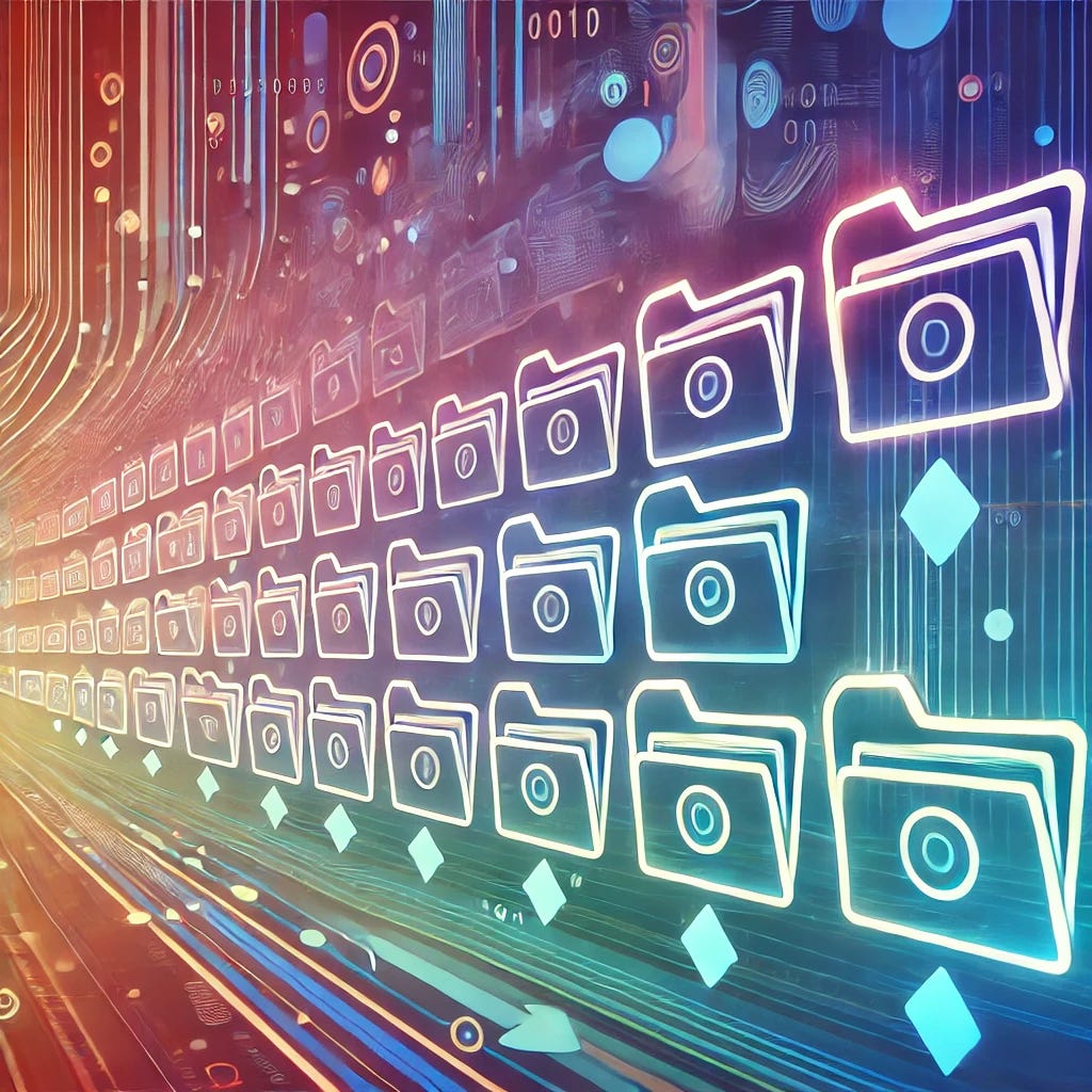 A vibrant illustration featuring repeated file icons fading into the distance, symbolizing the endless replicability of digital content. The layered files create a sense of depth and abundance, reflecting the central theme of open access.