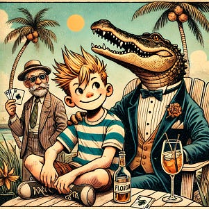 A young boy with spiky blond hair in a striped shirt and shorts, and a cartoon-style tiger companion, illustrated in a nostalgic vintage comic style. They are living in Florida, hanging out with a well-dressed alligator in a tuxedo. The trio is sitting around a table outdoors, having drinks and playing cards. The scene includes palm trees, a sunny sky, and tropical plants. The alligator looks suave and charming, holding a card in its claw. The boy and tiger are relaxed and smiling, enjoying the casual, fun atmosphere. The illustration uses warm hand-drawn textures and a watercolor comic-strip aesthetic.