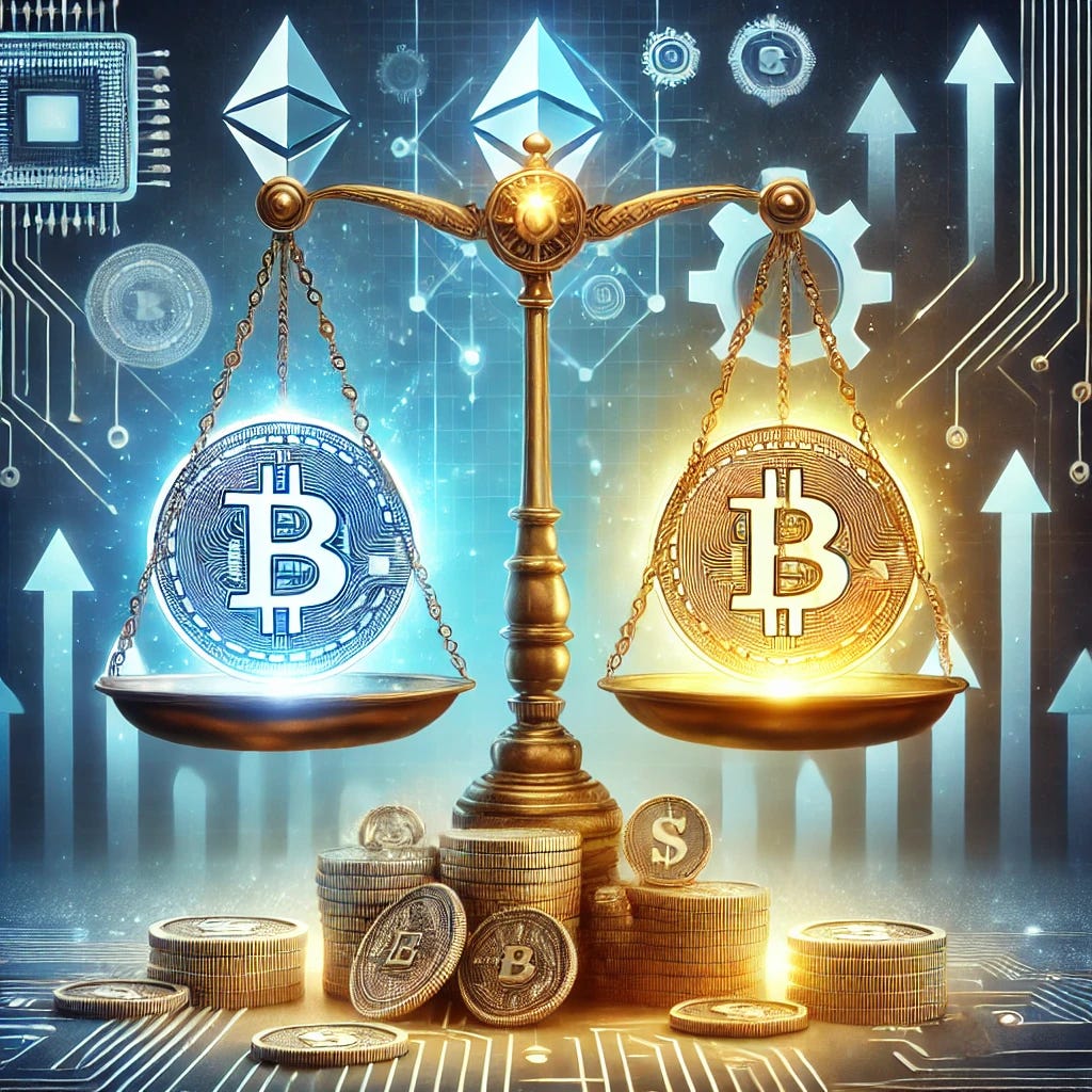 A symbolic representation of cryptocurrency investment strategy. The image shows a balanced scale: one side holds a glowing token surrounded by innovative tech symbols (gears, circuits), representing a good project. The other side holds a golden coin marked with a dollar sign and upward arrows, symbolizing a good investment. The background is a futuristic digital cityscape with blockchain nodes and glowing connections, emphasizing the crypto theme. The overall color scheme is cool and sleek, with shades of blue, silver, and gold.