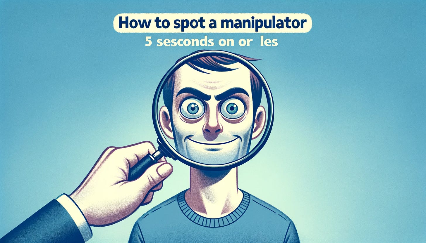 Photo of a magnifying glass hovering over a cartoonish figure with shifty eyes, symbolizing scrutiny. The background is a soft blue, with the title 'How to Spot a Manipulator in 5 Seconds or Less' in bold white letters at the top.