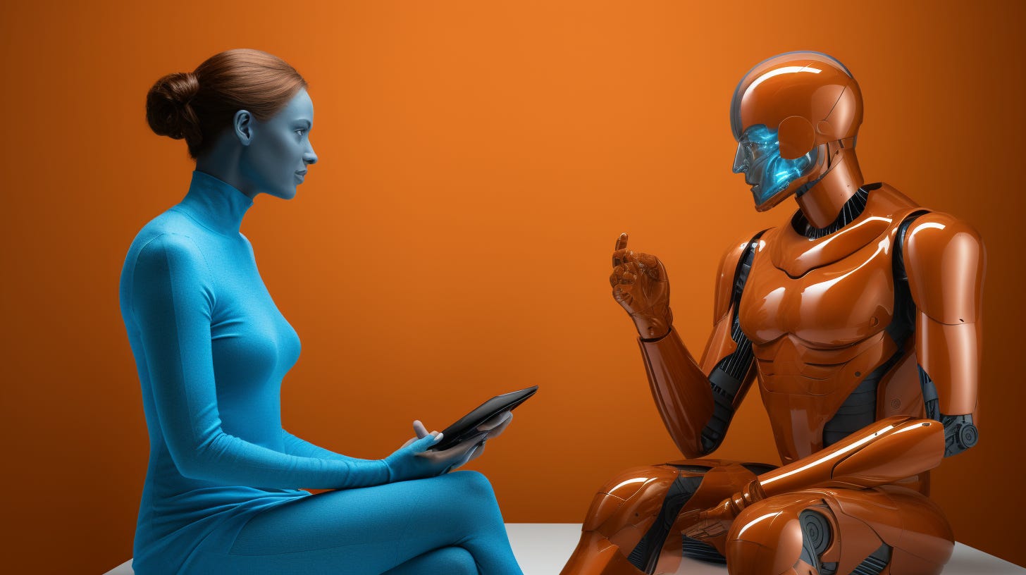 Midjourney prompt: photo of ChatGPT having a conversation with a human being, colors of burnt orange and air superiority blue --no airplanes --ar 16:9 Midjourney prompt: photo of ChatGPT having a conversation with a human being, colors of burnt orange and air superiority blue --no airplanes --ar 16:9