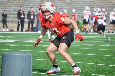 Wisconsin inside linebackers participate in individual position drills during the Badgers' spring football practice Saturday inside Camp Randall Stadium. 