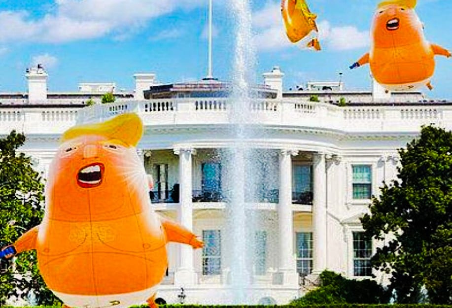 Trump balloons superimposed over the white house