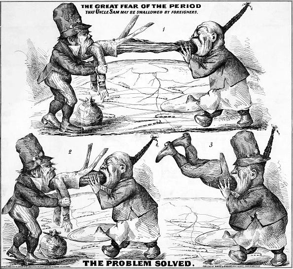 Anti-Chinese racist cartoon, San Francisco, White & Bauer Lithographers, late 1860s Anti-Chinese racist cartoon, San Francisco, White & Bauer Lithographers, late 1860s