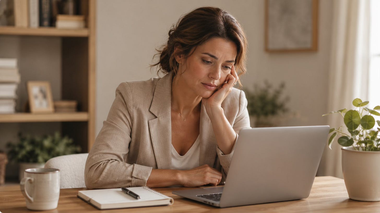 Professional woman appearing calm on the outside while feeling internally overwhelmed.