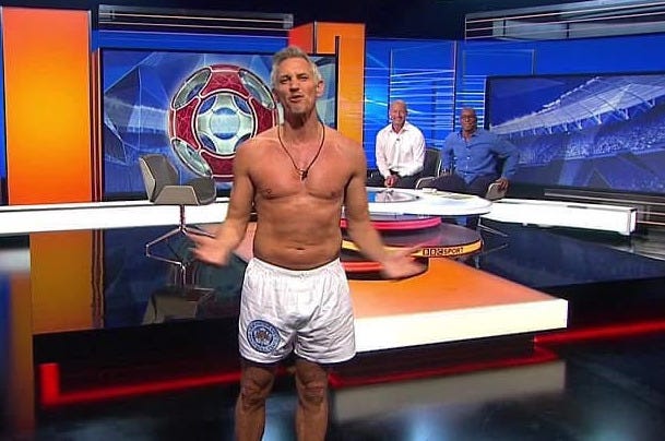 Photo of Gary Lineker in the Match of the Day studio wearing white boxer shorts