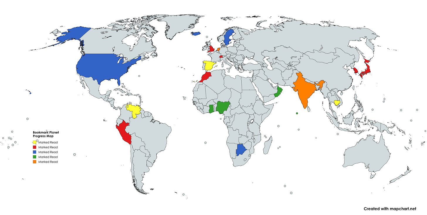 World map with countries shaded in indicated they've been read