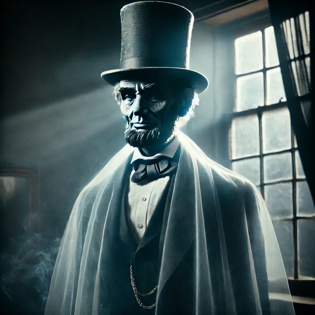 A ghostly apparition of Abraham Lincoln, wearing his iconic tall stovepipe hat and a dark suit. The ghost appears translucent and has a spectral glow, with an ethereal, misty presence in a dimly lit room. His expression is somber and wise, and the room is faintly illuminated with moonlight streaming through an old, cracked window. The atmosphere is haunting and mysterious, with faint shadows and drifting fog adding to the ghostly effect.