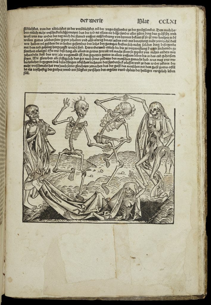 A medieval woodcut illustration of the Dance of Death from the Nuremberg Chronicle. Five animated skeletal figures dance playfully above an open grave, while one skeleton drags a shrouded corpse into the earth, symbolizing the inescapable and widespread mortality of medieval plague outbreaks.