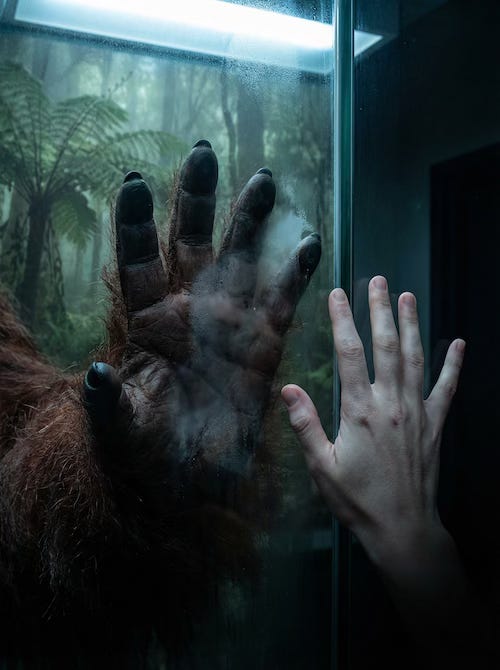 perplexity created image from the author's instructions: A Gigantopithicus hand next to the human hand perplexity created image from the author's instructions: A Gigantopithicus hand next to the human hand