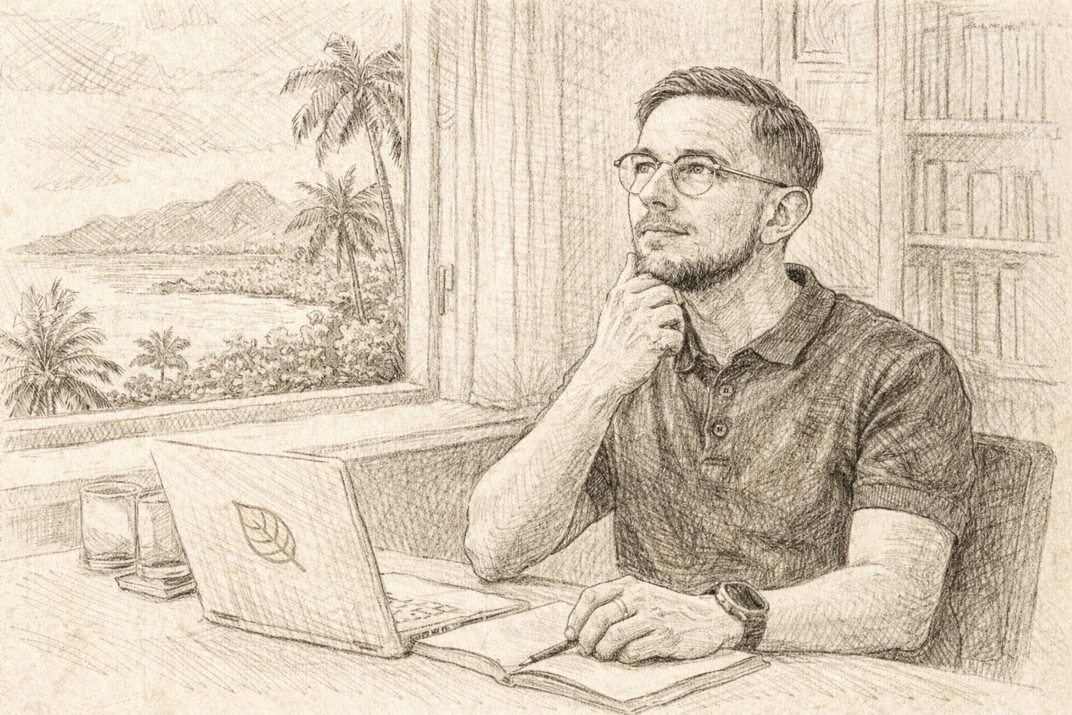 Me, Michael sitting in front of a computer staring out the window thinking about something.