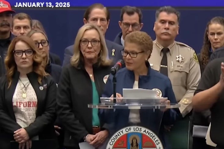 Screenshot of LA Mayor Karen Bass, surrounded by city officials, speaking to the press from a lectern Screenshot of LA Mayor Karen Bass, surrounded by city officials, speaking to the press from a lectern