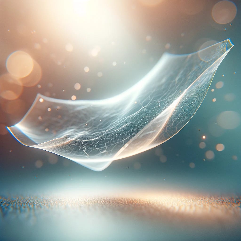 An artistic representation of a thin layer concept. The image should feature a transparent, delicate layer floating in mid-air, emphasizing its thinness and lightness. The background should be a soft, blurred setting to highlight the layer's fragility. The layer could be made of a material like tissue or a fine fabric, almost see-through, with a slight shimmer. The lighting should be gentle and diffused, casting a subtle glow on the layer, enhancing its delicate structure.