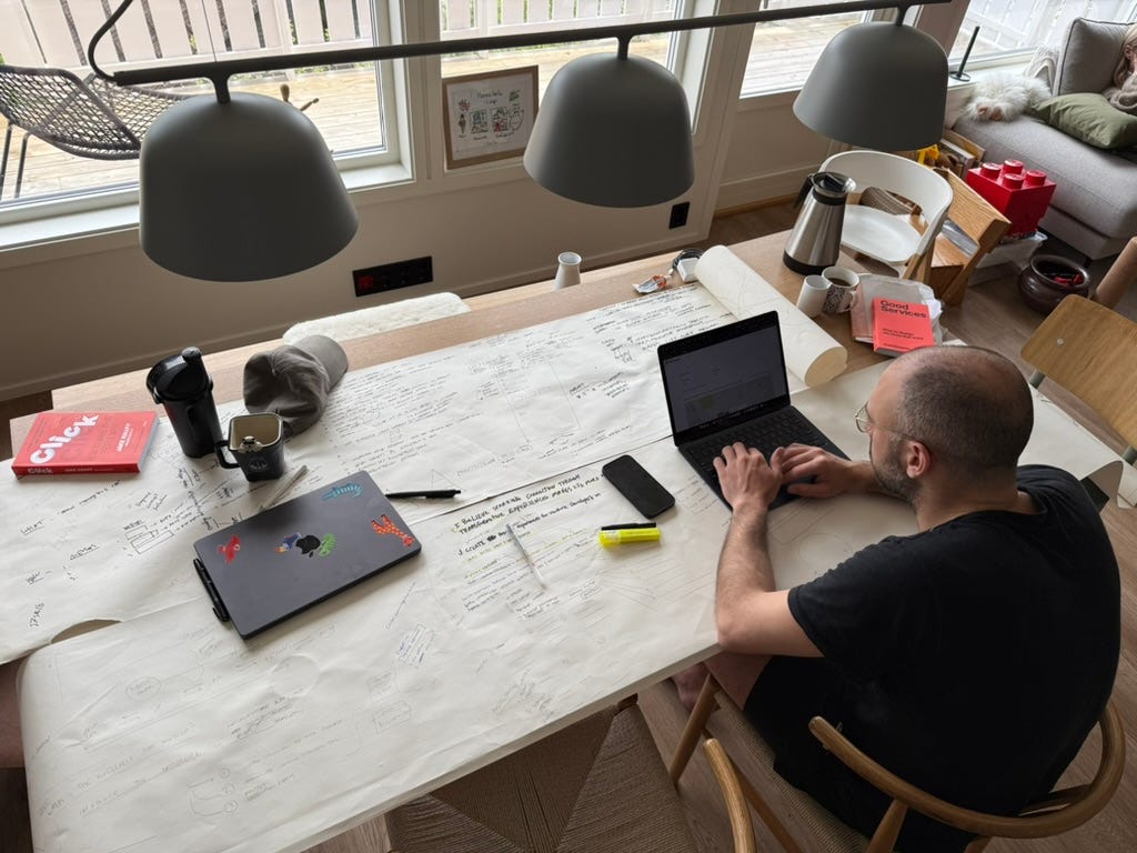 My brother Timo and I working on IKEA drawing rolls at my dinning table. 