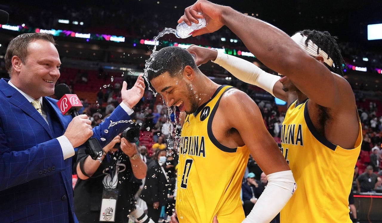 Tyrese Haliburton gets water dumped on him by Buddy Hield after he scored a career-high 43 points in Miami. Tyrese Haliburton gets water dumped on him by Buddy Hield after he scored a career-high 43 points in Miami.