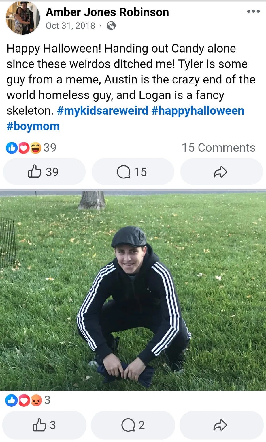 Facebook post by Tyler Robinson's mother of him dressed as a gopnik meme, wearing a track suit and squatting on the ground
