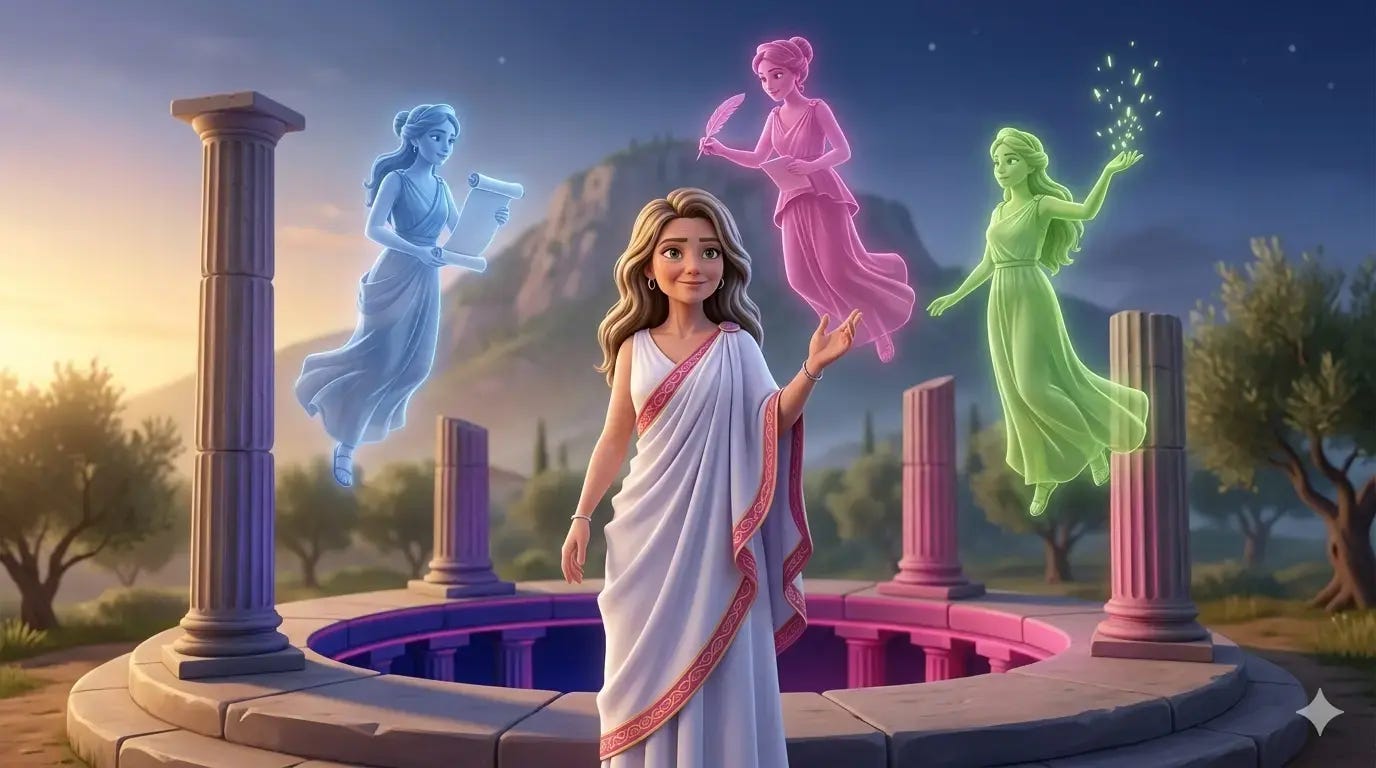Kim Doyal as a modern Greek goddess directing three holographic AI agents at the ancient Delphi temple