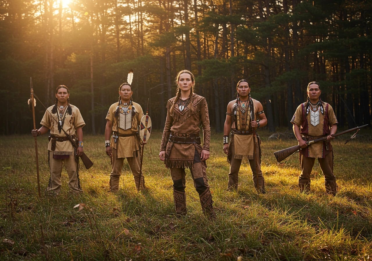 White woman and native americans in hunting party with spears