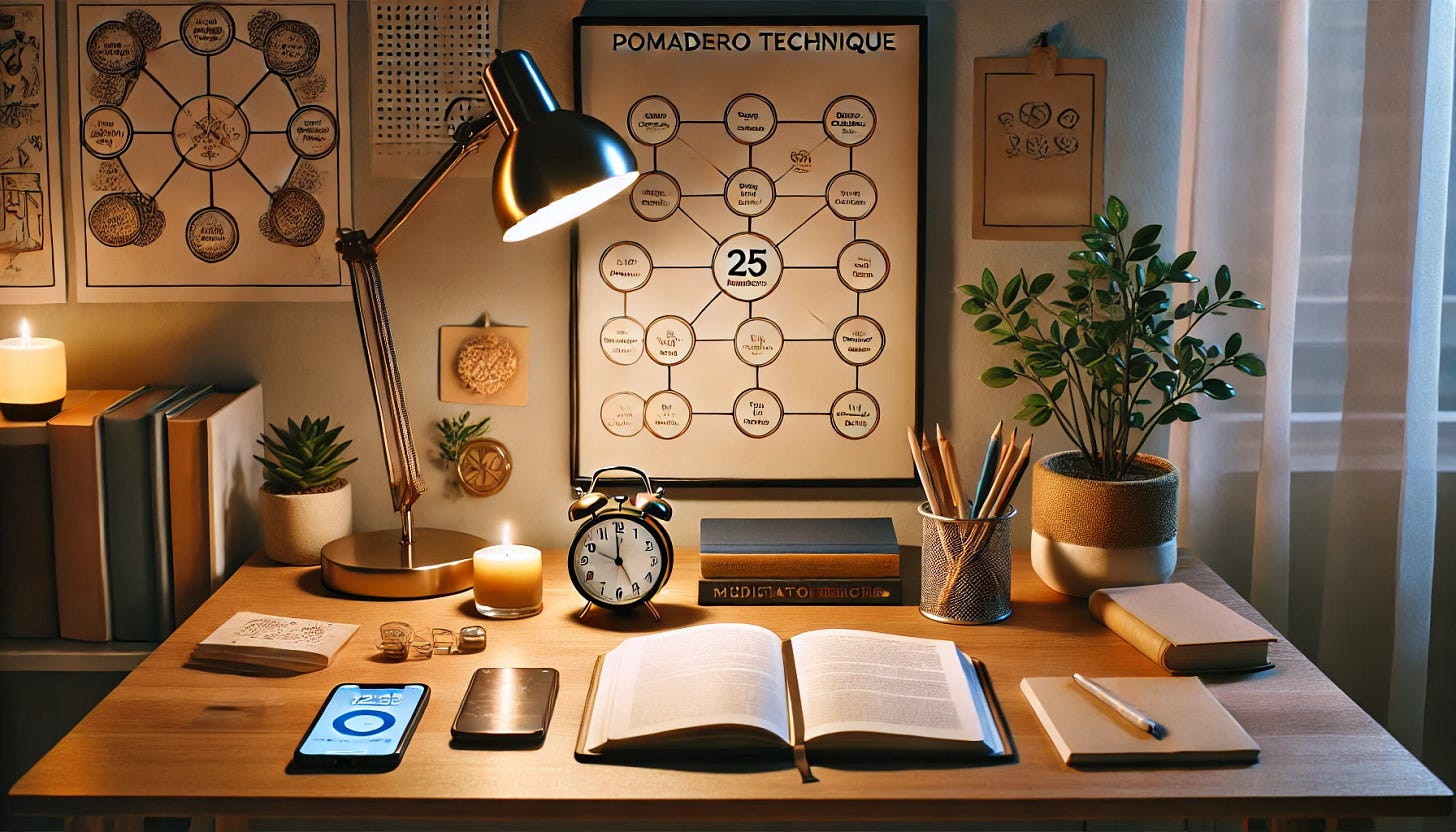 A calming, rectangular study scene in a cozy, organized workspace with a desk lamp softly illuminating an open notebook, some stationery, and a closed book. A smartphone is placed face down to limit distractions, and there’s a visible timer set to 25 minutes, symbolizing the Pomodoro Technique. Behind the desk, a small plant and a meditation candle create a peaceful atmosphere. On the wall behind the desk is a mind map poster with interconnected ideas, symbolizing focus and study techniques. The overall feel should be serene, encouraging focus and concentration.