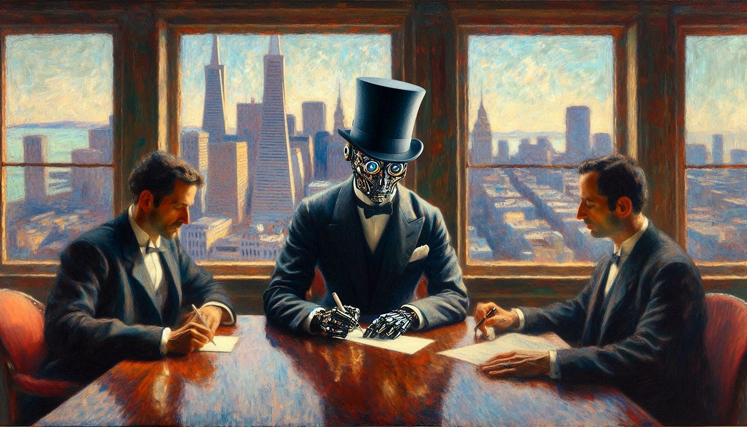 A painting of a cyborg wearing a top hat sits at a table in an elite business conference room and signs a check. There are lawyers in black suits standing on either side. The windows show a view of downtown San Francisco. The painting is in the impressionist style of Claude Monet with a wet effect. A painting of a cyborg wearing a top hat sits at a table in an elite business conference room and signs a check. There are lawyers in black suits standing on either side. The windows show a view of downtown San Francisco. The painting is in the impressionist style of Claude Monet with a wet effect.