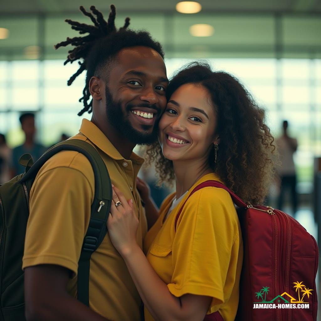 Couple arriving in Jamaica, capturing the joy and emotion of coming home.