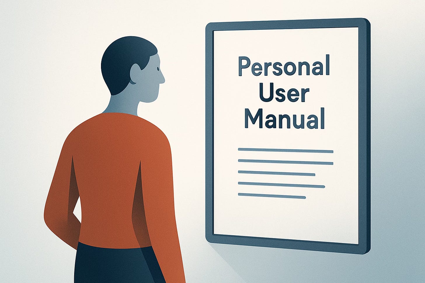 An abstract, androgynous figure stands before a large framed mirror. Instead of their reflection, the mirror displays the words “Personal User Manual” in clear typography. The scene uses soft blues, grays, and warm orange tones, symbolizing self-awareness and clarity.
