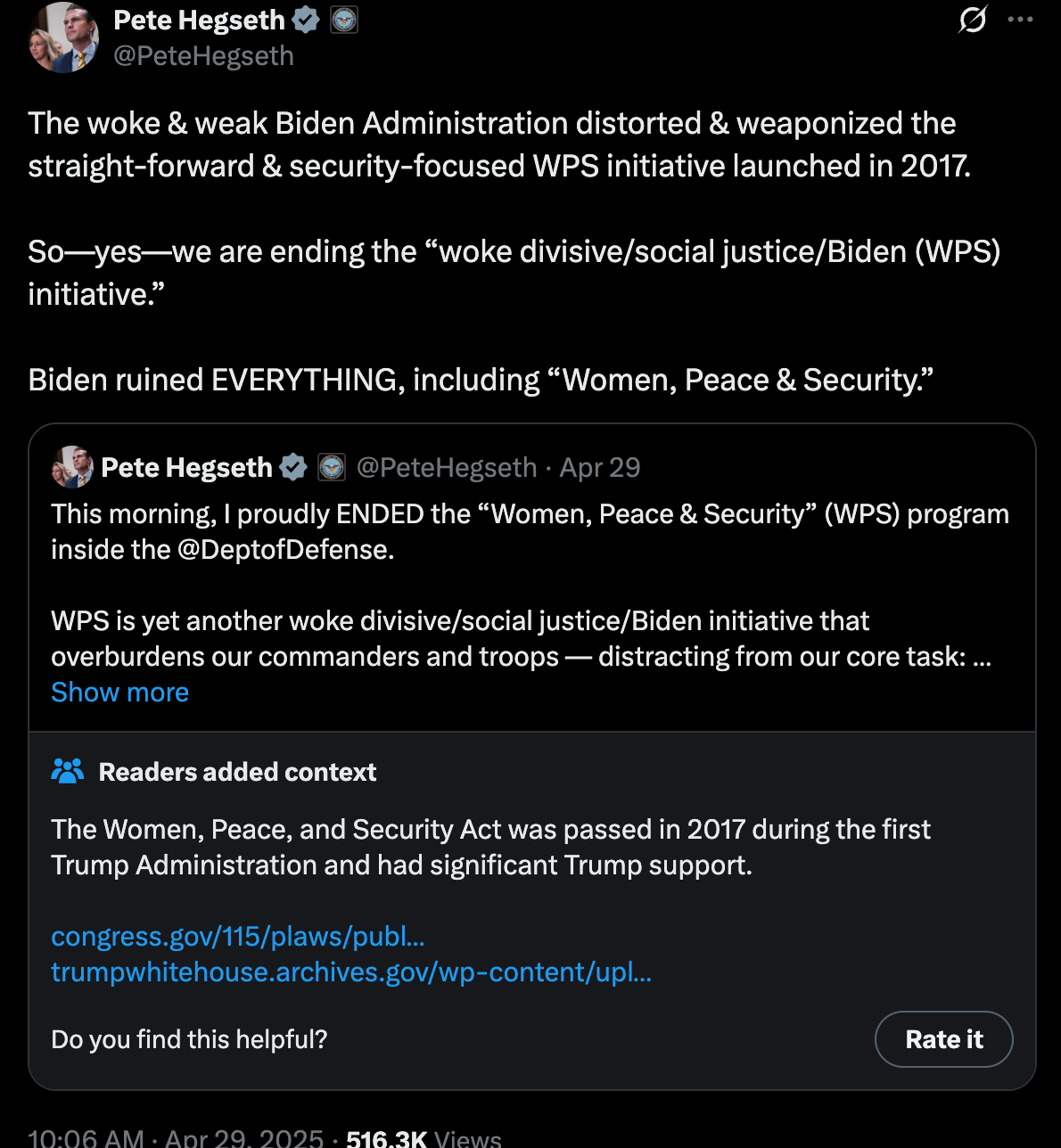 The woke & weak Biden Administration distorted & weaponized the straight-forward & security-focused WPS initiative launched in 2017. So—yes—we are ending the “woke divisive/social justice/Biden (WPS) initiative.” Biden ruined EVERYTHING, including “Women, Peace & Security.” The woke & weak Biden Administration distorted & weaponized the straight-forward & security-focused WPS initiative launched in 2017. So—yes—we are ending the “woke divisive/social justice/Biden (WPS) initiative.” Biden ruined EVERYTHING, including “Women, Peace & Security.”