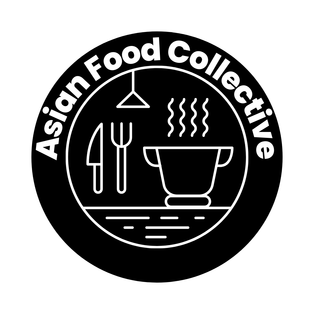 Logo for the Asian Food Collective is a black circle. "Asian Food Collective is written in white in the outer ring. In the center is a white ring with a graphic outline of a kitchen. The kitchen consists of a steaming pot, light, and utensils. Logo for the Asian Food Collective is a black circle. "Asian Food Collective is written in white in the outer ring. In the center is a white ring with a graphic outline of a kitchen. The kitchen consists of a steaming pot, light, and utensils.