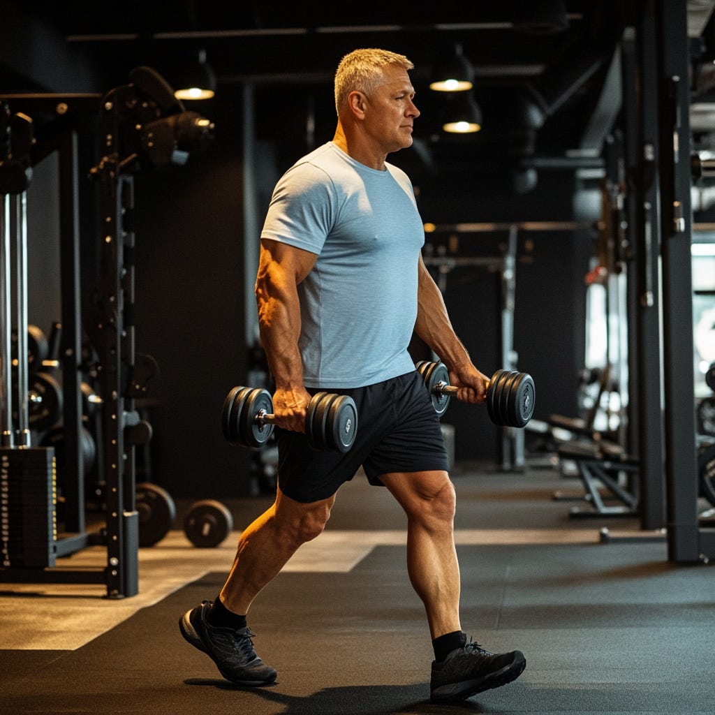 Fit older man holding heavy dumbbells in each hand in the gym. 